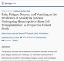 Pain, Fatigue, Nausea, and Vomiting as the Predictors of Anxiety in Patients Undergoing Hematopoietic Stem Cell Transplantation: A Prospective Cohort Study